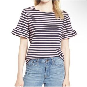 J. Crew Ruffle Bell Sleeve Shirt Sz M Striped Top 100% Cotton Preppy Nautical